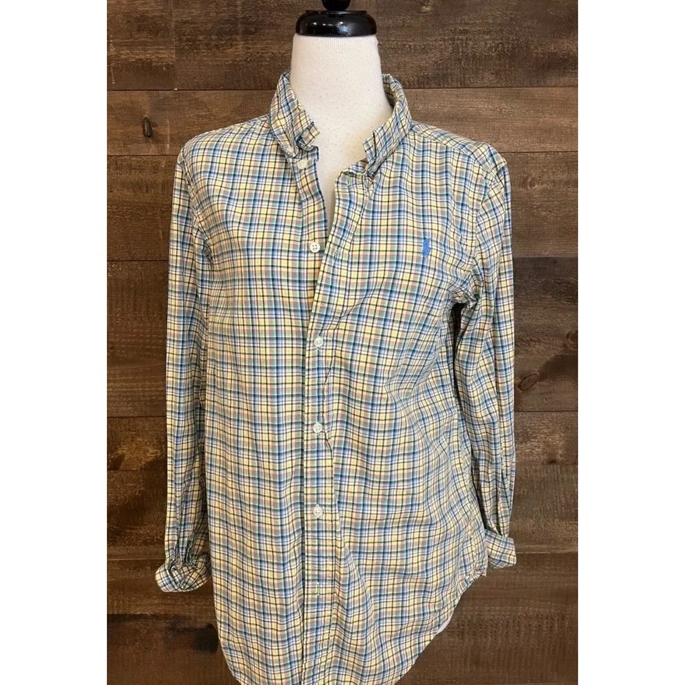Ralph Lauren Boys Plaid Button Down Shirt Yellow Blue Multi Color Size M 10-12